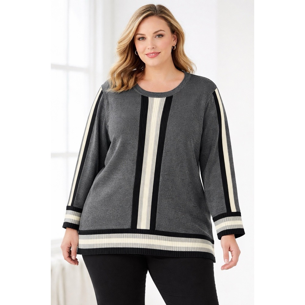 Karl Lagerfeld Paris Gray Striped Sweater Women's 2X Plus Sz Knit‎ Pullover Chic